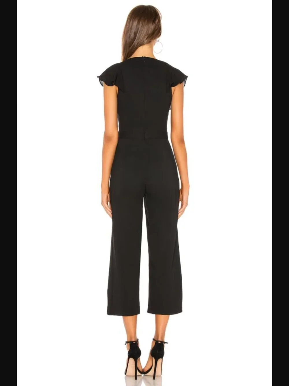 $339 Parker Tommi Jumpsuit Black Ruffle Sleeve Wide Leg Cropped V Neck Size 2